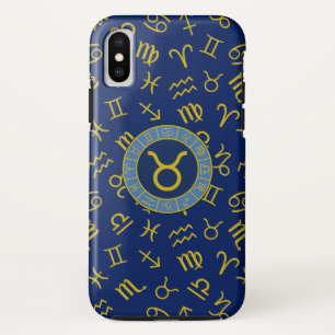 Stier Zodiac+Astrology Symbolen Patroon Gold+Blues iPhone X Hoesje