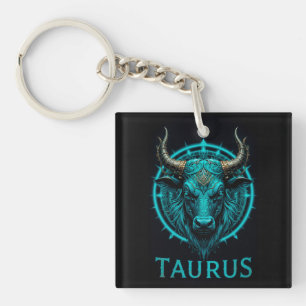 Stier Zodiac Symbool in Levendig Blauw en Goud Acc Sleutelhanger