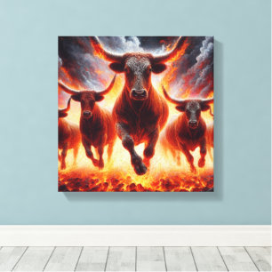 Stieren laden door een vurig landschap canvas afdruk