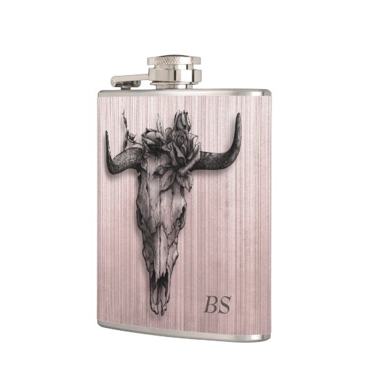 Stierschedel en Roze strepen Roze Gouden monogram Heupfles (Links)