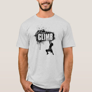 Stijgontwerp op rotsen met mannelijke klimmer t-shirt