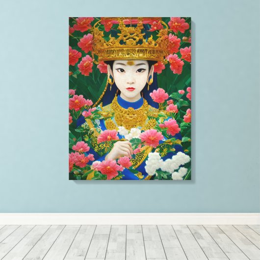  Stijl Abstract Aziatisch meisje met bloemen Canvas Afdruk (Insitu (Houten vloer))