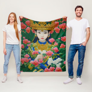 Stijl Abstract Aziatisch meisje met bloemen Fleece Deken
