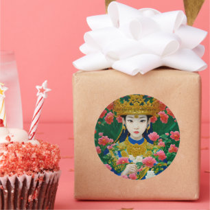  Stijl Abstract Aziatisch meisje met bloemen Ronde Sticker