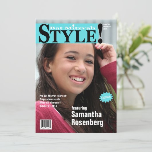 Stijl! Bat Mitzvah Magazine - Blauwgroen uitnodigi Kaart (Staand voorkant)