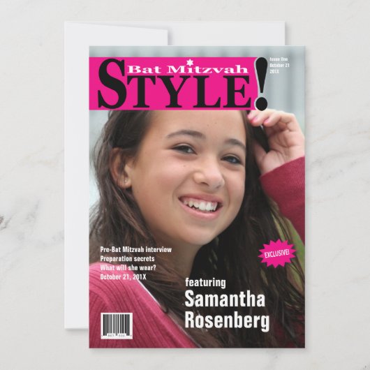 Stijl! Bat Mitzvah Magazine Uitnodiging in roze (Voorkant)