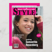 Stijl! Bat Mitzvah Magazine Uitnodiging in roze (Voorkant / Achterkant)