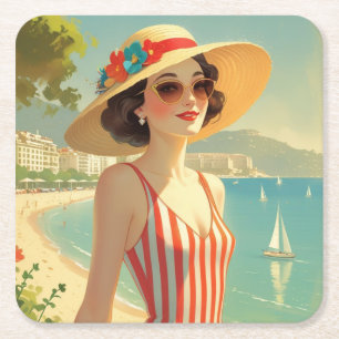 stijl Cote d'Azur Beach Girl Vierkante Kartonnen Onderzetter