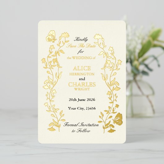 stijl Crème en goud Save The Date Folie Uitnodiging (Staand Voorkant)