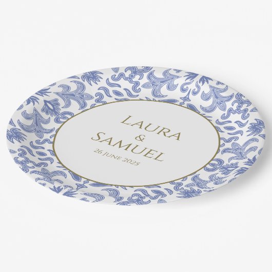 -stijl Dusty Blue Patterned Bruiloft Papieren Bordje (Gekanteld)