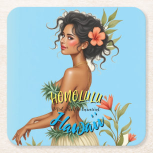 stijl Hawaiian Travel Honolulu Hula Meisje Vierkante Kartonnen Onderzetter
