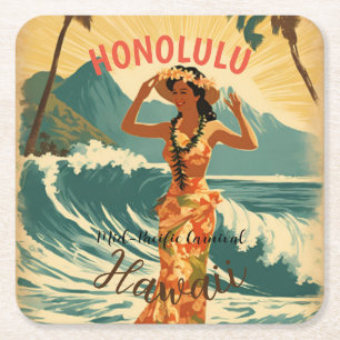  stijl Hawaiian Travel Honolulu Mid-Pacific Vierkante Kartonnen Onderzetter