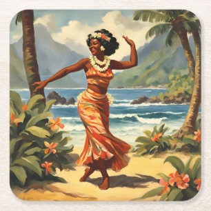stijl Hawaiian Travel Hula Meisje Dansen Vierkante Kartonnen Onderzetter