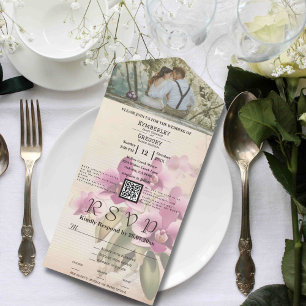  stijl Paarse Orchidee Floral QR Code Foto All In One Uitnodiging