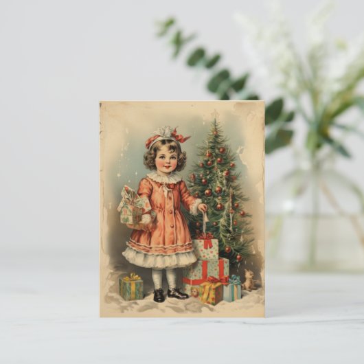 stijl Schattige meisje met kerstcadeaus Feestdagenkaart (Staand voorkant)