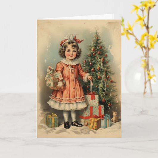 stijl Schattige meisje met kerstcadeaus Kaart (Gele Bloem)