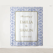 -stijl Stoffig Blauw en Wit Bruiloft Wandkleed (Voorkant)