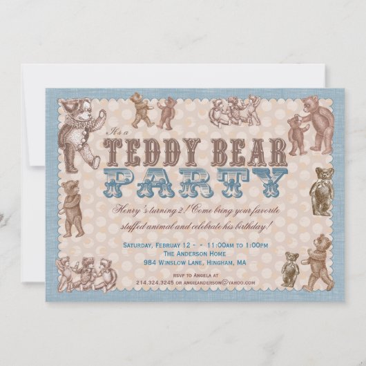  stijl Teddy Bear Party - Uitnodiging blauw (Voorkant)