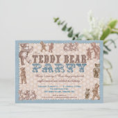  stijl Teddy Bear Party - Uitnodiging blauw (Staand voorkant)