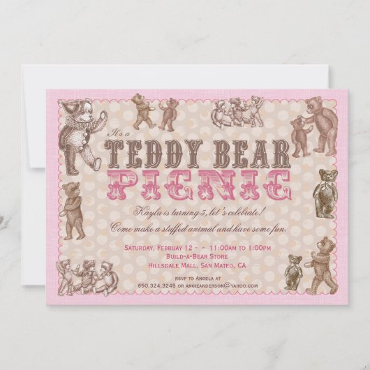stijl Teddy Bear picknick uitnodiging - Roze (Voorkant)