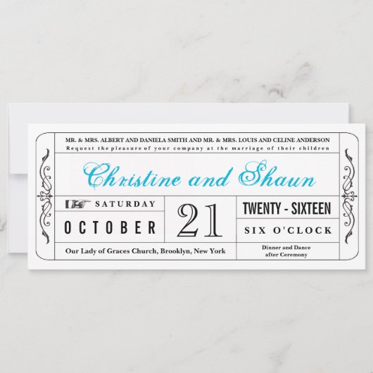  stijl Wedding Ticket Uitnodiging in Blauw (Voorkant)