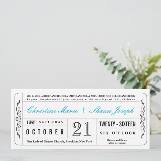 stijl Wedding Ticket Uitnodiging in Blauw (Staand voorkant)