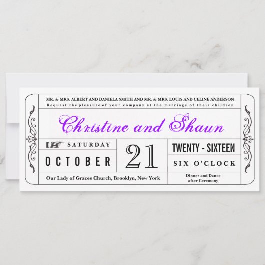  stijl Wedding Ticket Uitnodiging Paars (Voorkant)