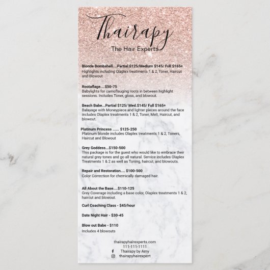 Stijllijst roos goudglitter marmer menu (Voorkant)