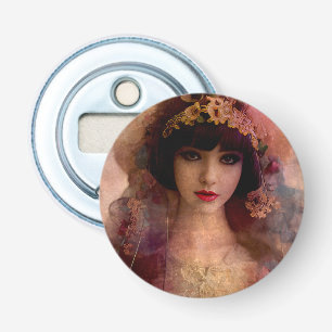  stijlportret van mooie vrouw in roze button flesopener