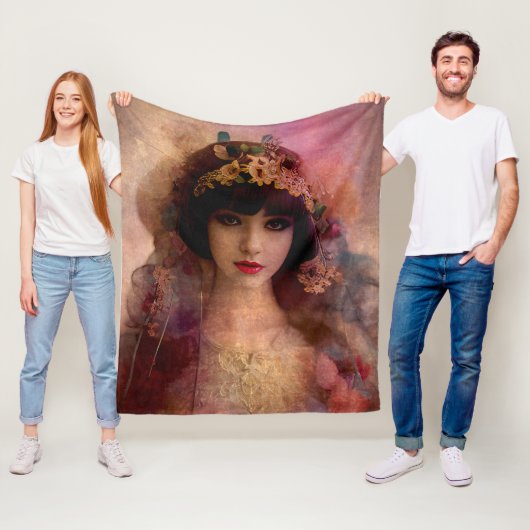 stijlportret van mooie vrouw in roze fleece deken (In situ)