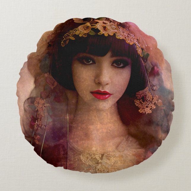  stijlportret van mooie vrouw in roze rond kussen (Voorkant)