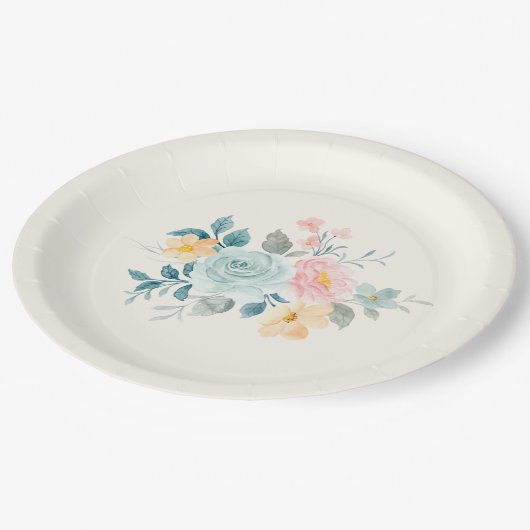 Stijlroze en blauwe ventilator Bouquet Papieren Bordje (Gekanteld)