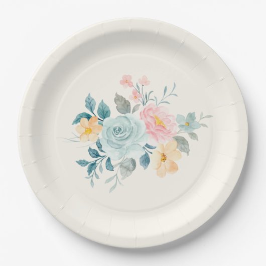 Stijlroze en blauwe ventilator Bouquet Papieren Bordje (Voorkant)