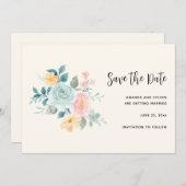 Stijlroze en blauwe ventilator Bouquet Save The Date (Voorkant / Achterkant)