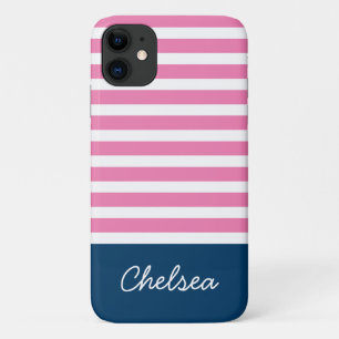 Stijlroze strepes blauwe naam iPhone 11 hoesje
