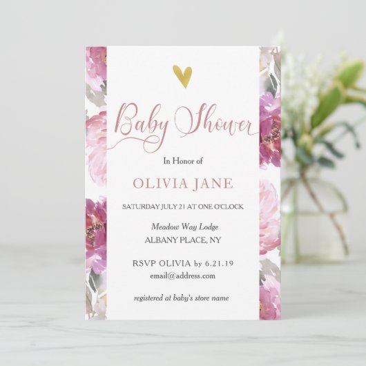 Stijlroze Waterverf Floral Baby shower uitnodigen Kaart (Staand voorkant)