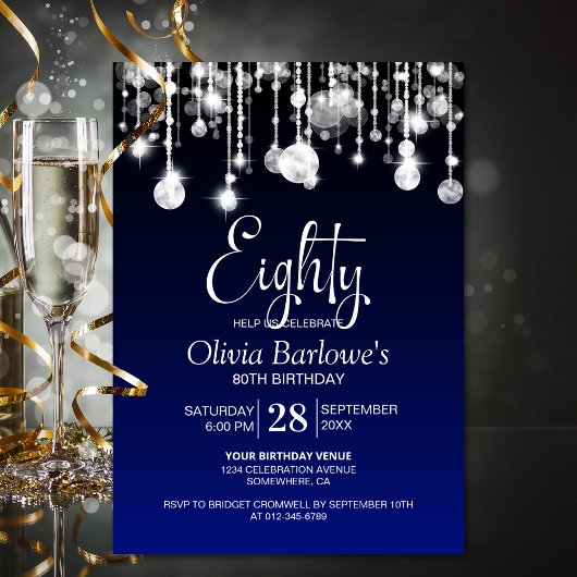 Stijlvol blauw 80ste verjaardagsfeestje kaart