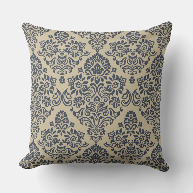 Stijlvol blauw en crème Damask-patroon Kussen (Voorkant)