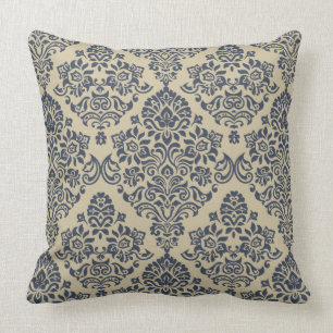 Stijlvol blauw en crème Damask-patroon Kussen
