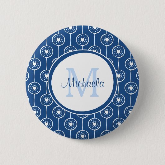 Stijlvol blauw en wit monogram met naam ronde button 5,7 cm (Voorkant)