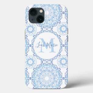 Stijlvol blauw Mandala Monogram Gepersonaliseerd iPhone 13 Hoesje