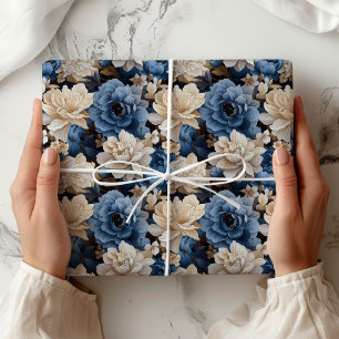Stijlvol Blauw Witte Bloem Ivory Cadeaupapier