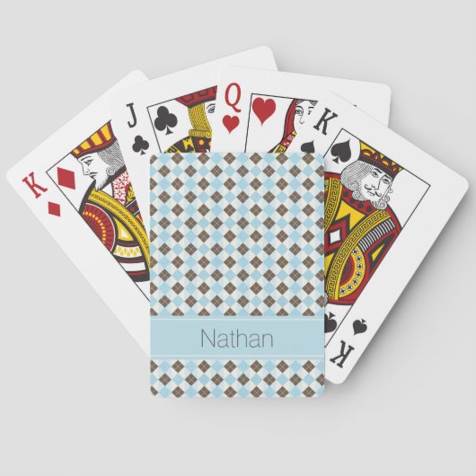 Stijlvol blauwe en bruine argylepatroon monogram pokerkaarten (Achterkant)