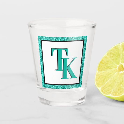 Stijlvol Blauwgroen blauw Glitter Glam Monogram In Shot Glas (Voorkant)