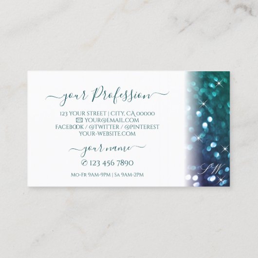 Stijlvol Blauwgroen Paars monogram met witte spark Visitekaartje (Achterkant)