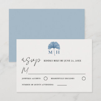 Stijlvol botanisch monogram stoffig blauwe trouw RSVP kaartje