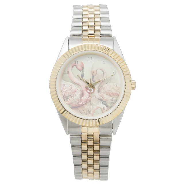 Stijlvol Chic Flamingo Monogram Gepersonaliseerd Horloge (Voorkant)