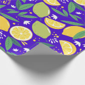 Stijlvol Citrus Lemon Botanisch Patroon in Blauw Cadeaupapier (Hoek)