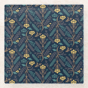 Stijlvol donkerblauw stofpatroon met bloemen glazen onderzetter