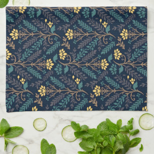 Stijlvol donkerblauw stofpatroon met bloemen theedoek